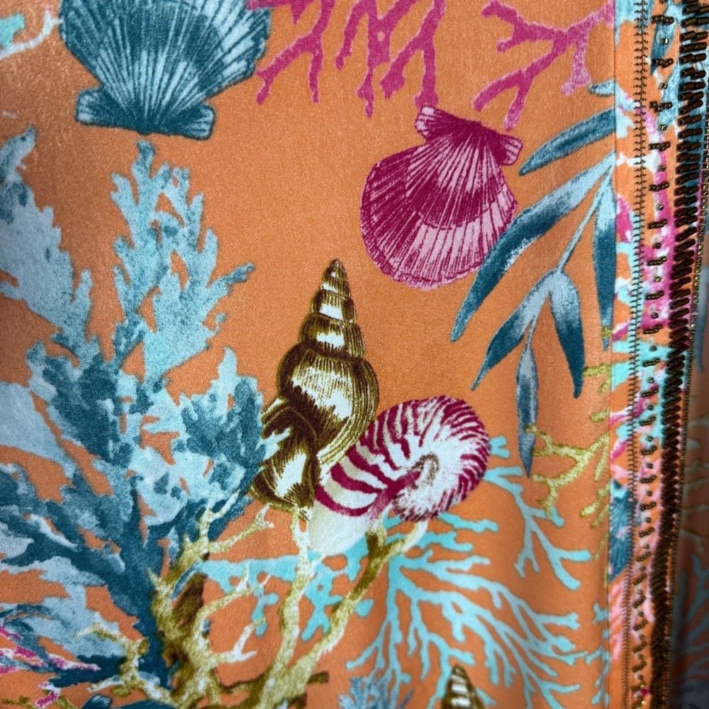 Chicos Open Kimono Slip Orange L/XL Seashell Print Beaded Bright Vacation Beach - Picture 16 of 16